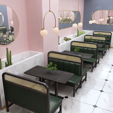 北歐簡約主題餐廳咖啡廳奶茶店靠墻卡座沙發休閑書吧藤編椅組合 8143