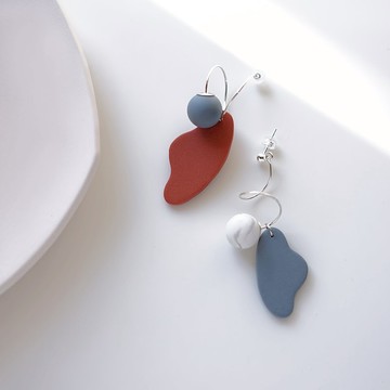 Cali 原創設計 手工軟陶 弧形幾何耳環 925純銀耳鈎 polymer clay