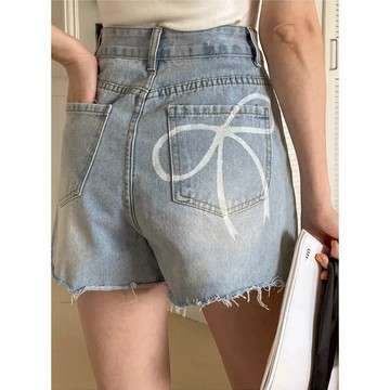 【太妮絲KD06】現貨 S-XL 韓系 後蝴蝶結印花 牛仔短褲 高腰短褲 INS風 顯瘦 短褲 丹