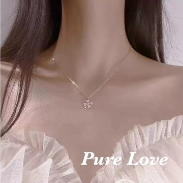 Pure Love樂芙 / 正韓 銀飾【S925純銀】N01123簡約通體純銀滿鑽四葉草花朵鎖骨鏈 短項鏈 / 玫瑰金