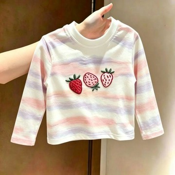 兒童長袖上衣 女童上衣 男童上衣 保暖上衣新款春秋裝兒童三個草莓印花扎染長袖T恤男女寶寶洋氣百搭上衣童裝