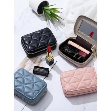 新款隨身便攜口紅包迷你菱格化妝包口紅硬幣零錢包真皮時尚耳機包