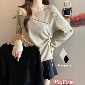 針織方領單邊抽繩抓皺上衣(2色) XL-4XL【706022X】【現+預】☆流行前線☆