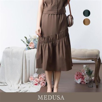 現貨【MEDUSA 曼度莎】素雅棉質抓皺切接中長裙 - 2色（M-XL）｜休閒裙 棉質裙 中長裙 氣質穿搭