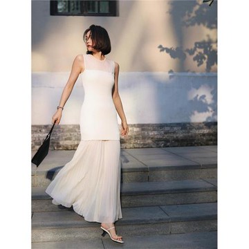 Turn right/陳大腿 法式優雅簡約拼接連衣裙女夏精致仙女氣質長裙