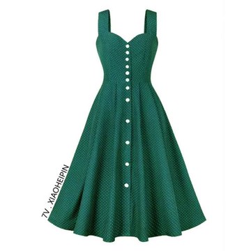 復古無袖背心中長裙子波點氣質優雅顯瘦單排扣女裝大碼夏季連衣裙