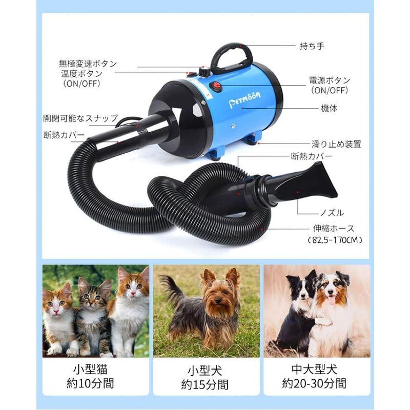 Petmoon ペットドライヤー 業務用 犬 ペット用ドライヤー 冷風~温風 無段階速度制御  強いブロー力 急速乾燥 騒音低減 送風機 4つノズル付き