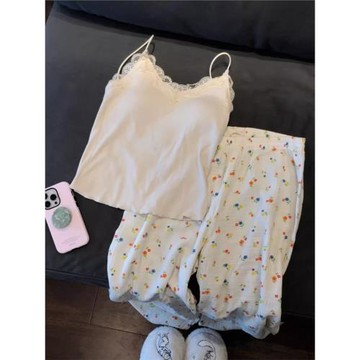 純欲風蕾絲花邊吊帶睡衣女夏季甜美碎花棉紗長褲家居服大碼套裝春