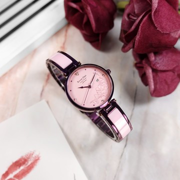 羅梵迪諾 Roven Din / 花漾綻放 立體浮雕 陶瓷不鏽鋼手錶-粉紫色/30mm