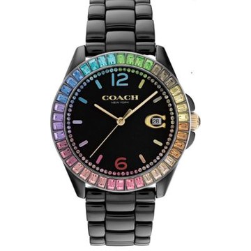 COACH 官方授權 Greyson 時尚彩色水晶C字陶瓷錶 黑-女錶(CO14504018)36mm