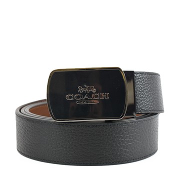 COACH 男款 琺瑯釦頭素面荔枝紋寬版皮帶-黑色/棕色