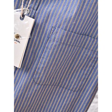 日系復古！色織細條紋！夏季外貿男士輕工裝吸汗透氣寬松短袖襯衫