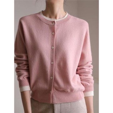 哥家正品2025春秋新款高級感假兩件拼色圓領羊毛針織開衫女上衣