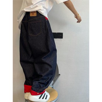 做舊紅藍撞色拼接牛仔褲男高街美式hiphop褲子秋季潮牌寬松闊腿褲