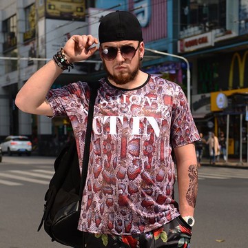 FINDSENSE品牌監製 大尺碼男裝 時尚潮流3D蛇紋短袖T恤薄款個性印花短袖夏季男大尺碼寬鬆透氣T恤速乾排汗T