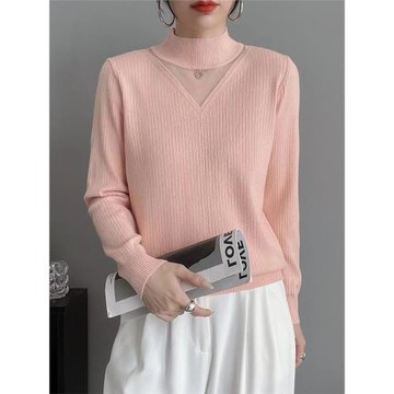 半高領打底衫女秋冬季2024新款洋氣蕾絲網紗百搭針織上衣內搭毛衣