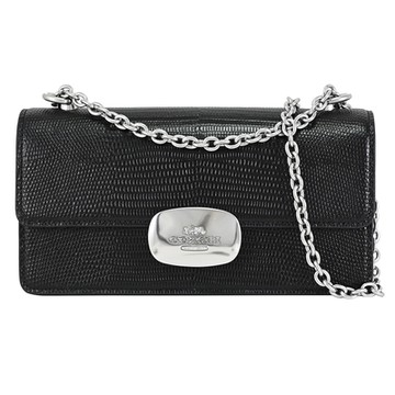 COACH Eliza 經典蜥蜴壓紋翻蓋斜背鍊包(黑/銀)