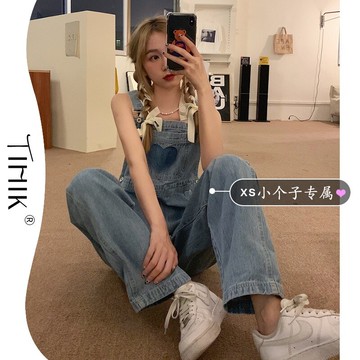 愛心牛仔背帶褲女小個子夏季新款設計感小眾150直筒寬松闊腿褲xs