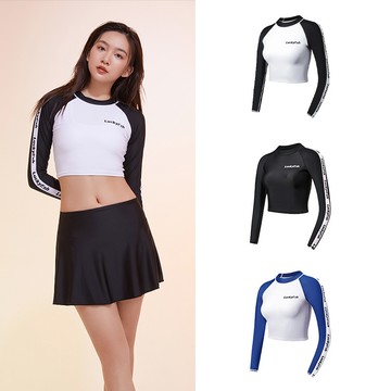 Luckyfish韓國新款 長袖泳衣女 拼色露臍泳衣 速乾 衝浪服 潜水服 溫泉沙灘游泳上衣 多件組