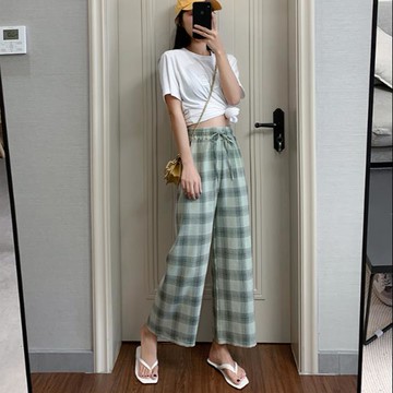 直筒休閒褲子運動格子闊腿褲女高腰垂感學生韓版寬松顯瘦百搭春夏新款