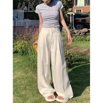 白色寬松闊腿牛仔褲女2026春季新款高腰褶皺紋理垂感直筒拖地褲子