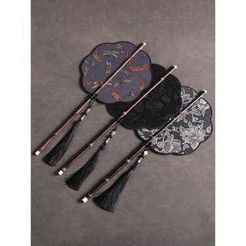 竹編扇國風長柄繡花團扇仿古折射腰扇漢服跳舞扇手工便攜旅行扇子