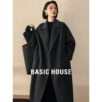 (免運)Basic House/百家好雙面毛呢外套女士春季復古中長款品質羊毛大衣
