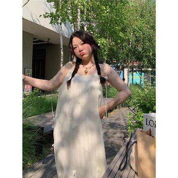 金大支手工立體花吊帶連衣裙女夏季2025年新款大碼女裝度假長裙子