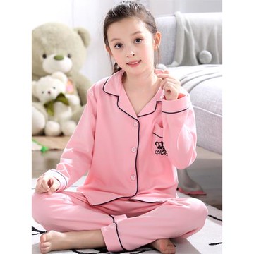 女童睡衣兒童純棉春秋夏季新款套裝長袖長褲卡通皇冠小女孩家居服