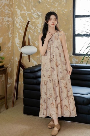 寂靜無聲 法式碎花掛脖連身裙