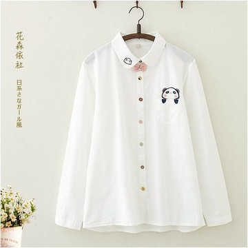 學院風春裝童趣熊貓刺繡寬松長袖襯衫學生少女軟妹可愛白襯衣上衣