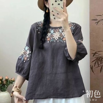 初色 復古圓領碎花刺繡寬鬆棉麻風七分短袖T恤上衣女上衣-共11色-36602(M-3XL可選)