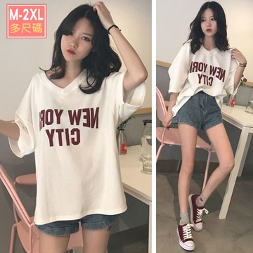 M-2XL紐約風NEW YORK字母V領短袖T恤上衣-凱西娃娃
