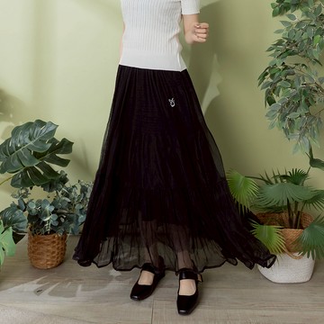 PLAYBOY - 傘擺百褶雪紡長裙 - 黑色/761-9111-09-9