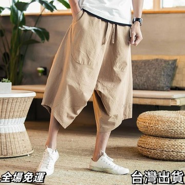 台灣現+出  【54%迴購率】泰國大象闊腿褲燈籠褲男大碼胖子寬鬆亞麻短褲七分褲大襠沙灘褲夏AQ