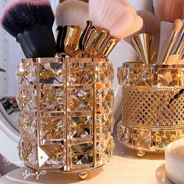 ｛現貨 附發票｝高品質 玫瑰金 水晶筆筒 粉刷盒  收納桶 四層水晶 網狀水晶 法式 歐式 化妝 生活用品 居家生活