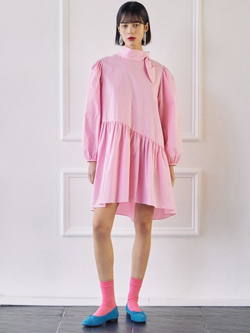 Scarf Layered Volume Dress (Pink Stripe)