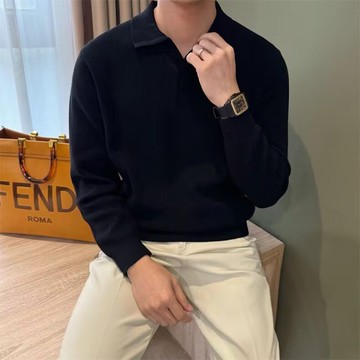 秋冬季保暖翻領毛衣男 寬鬆休閒紳士素色針織衫商務免燙長袖打底衫