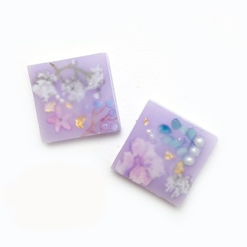 日本樹脂紫色薄紗珍珠水彩耳環.耳夾