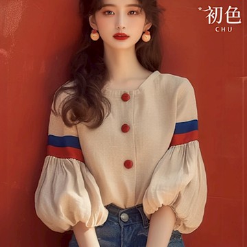 初色 法式撞色拼接泡泡袖長袖圓領襯衫上衣女上衣-杏色-37309(M-2XL可選)