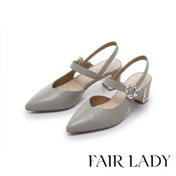 FAIR LADY 芯太軟 撞色斜口金屬鏡面粗跟涼鞋 岩灰 (4M3189)