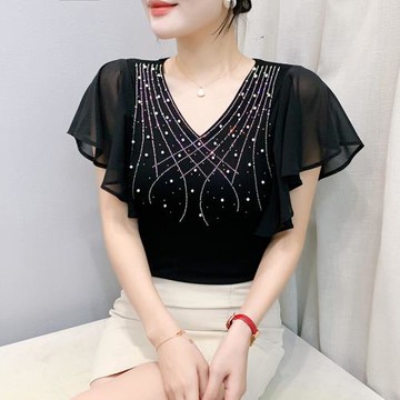 夏季新款設計感小眾荷葉邊短袖t恤v領上衣女洋氣別致網紗燙鉆小衫
