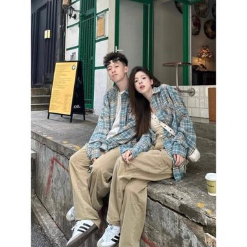 撞色格子寬松情侶休閑長袖襯衫