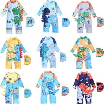 2026中大童卡通恐龍三亞旅游防曬連體拉鏈中袖五分褲男童游泳衣