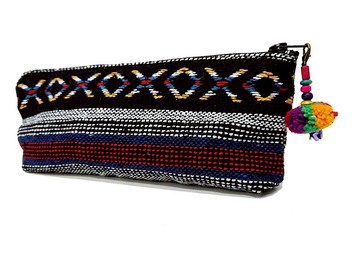 梭織布藝筆袋，白，黑，筆袋帶絨球的棉質鉛筆袋