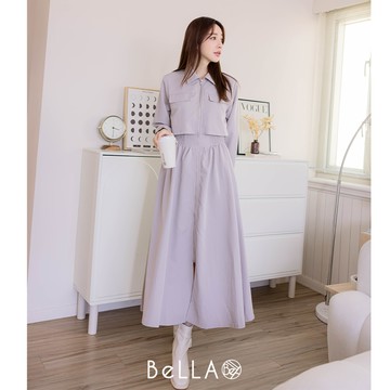【早春新品】BeLLA 拉鍊收腰設計洋裝 灰杏