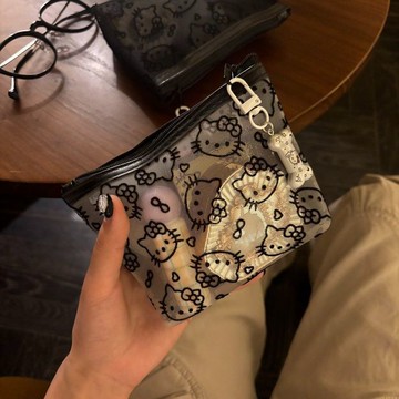 臺灣/✨化妝包 收納袋透明網紗kitty補妝包便攜外出化妝包收納旅行實用零錢包耳機包