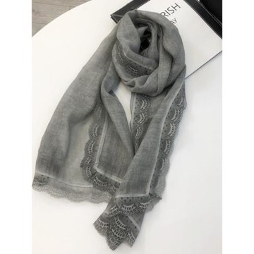 韓式氣質春季新款蕾絲花邊圍巾裝飾純色長款絲巾女士頭巾棉紗巾薄