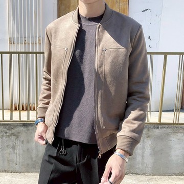 鹿皮絨夾克男修身帥氣潮流休閑時尚青年修身短款呢子男士外套1入