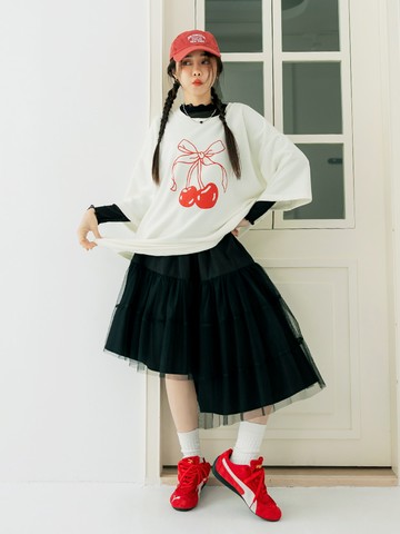 不對稱下襬網紗拼接中裙